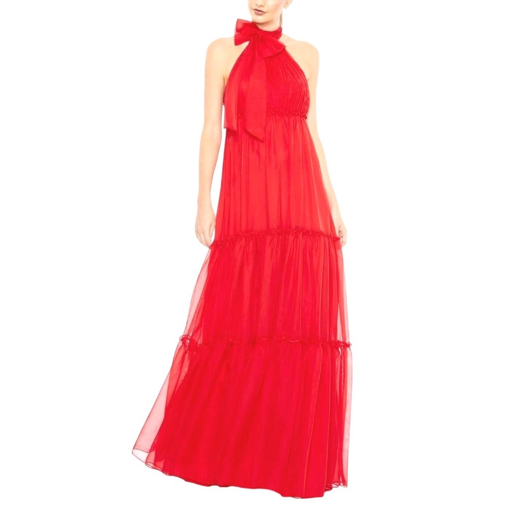 Ieena for Mac Duggal Red Halter Bow Tiered Chiffon Maxi Gown Size 0 MSRP $398